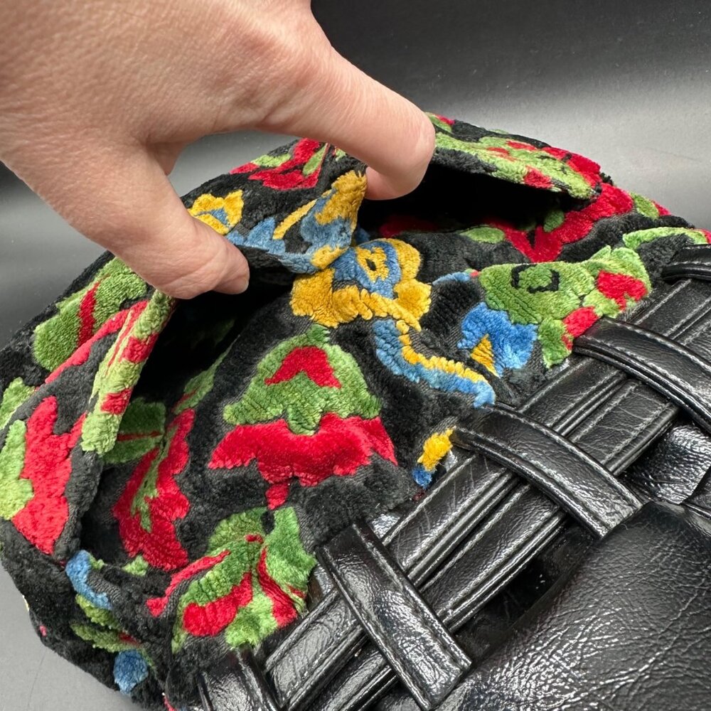 Vintage Purse Velveteen Floral Tapestry Bucket Bag Drawstring 1940s Black Red - Picture 4 of 11